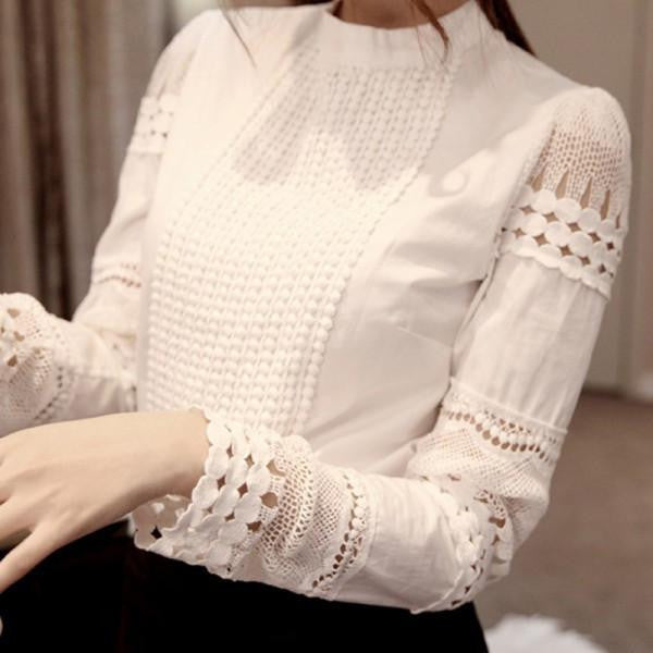 Women's Slim Embroidery Long Sleeve Shirts Crochet White Cotton Blouse