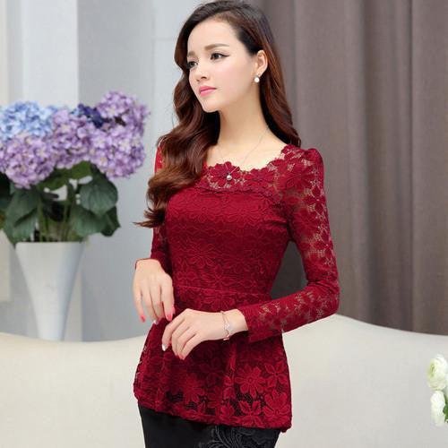 women blouses shirt long sleeve hollow Lace tops Plus size Ruffles women chiffon shirt