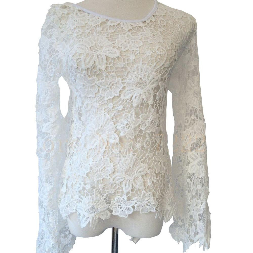 Simple Lace White Chiffon Blouse Long Sleeve Shirt Cut Blouse Cross Chic Blouse Women Tops Cool Girl