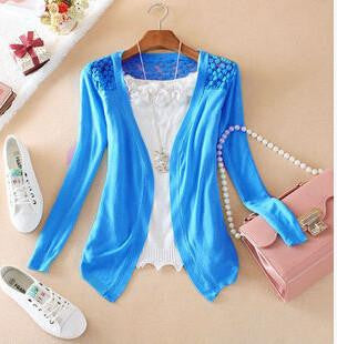 Women Candy Color Irregular Hem Long Sleeve Slim Thin Lace Hollow Out jacket Women Knitted Cardigan Sweater Tops