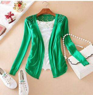 Women Candy Color Irregular Hem Long Sleeve Slim Thin Lace Hollow Out jacket Women Knitted Cardigan Sweater Tops