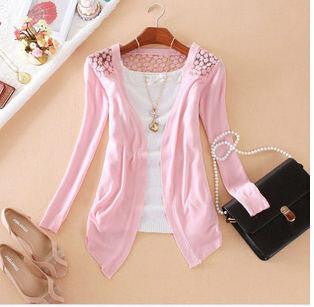 Women Candy Color Irregular Hem Long Sleeve Slim Thin Lace Hollow Out jacket Women Knitted Cardigan Sweater Tops