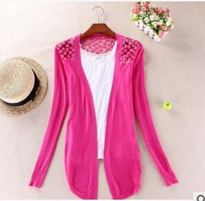 Women Candy Color Irregular Hem Long Sleeve Slim Thin Lace Hollow Out jacket Women Knitted Cardigan Sweater Tops