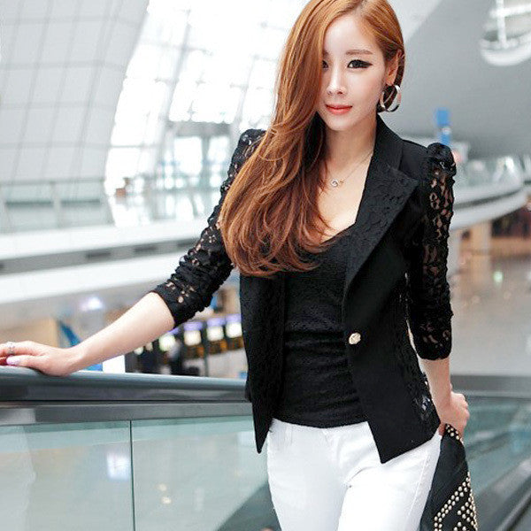 Chic Trendy Women Lapel Long Sleeve Lace Crochet Tops One Button Suit Coat