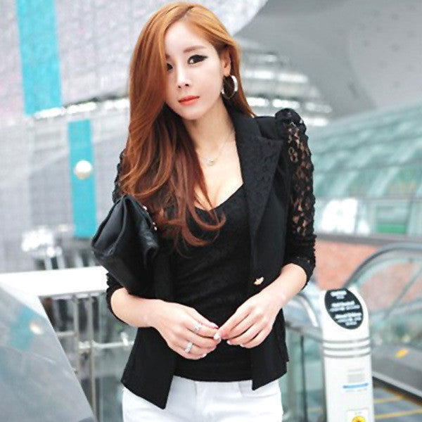 Chic Trendy Women Lapel Long Sleeve Lace Crochet Tops One Button Suit Coat