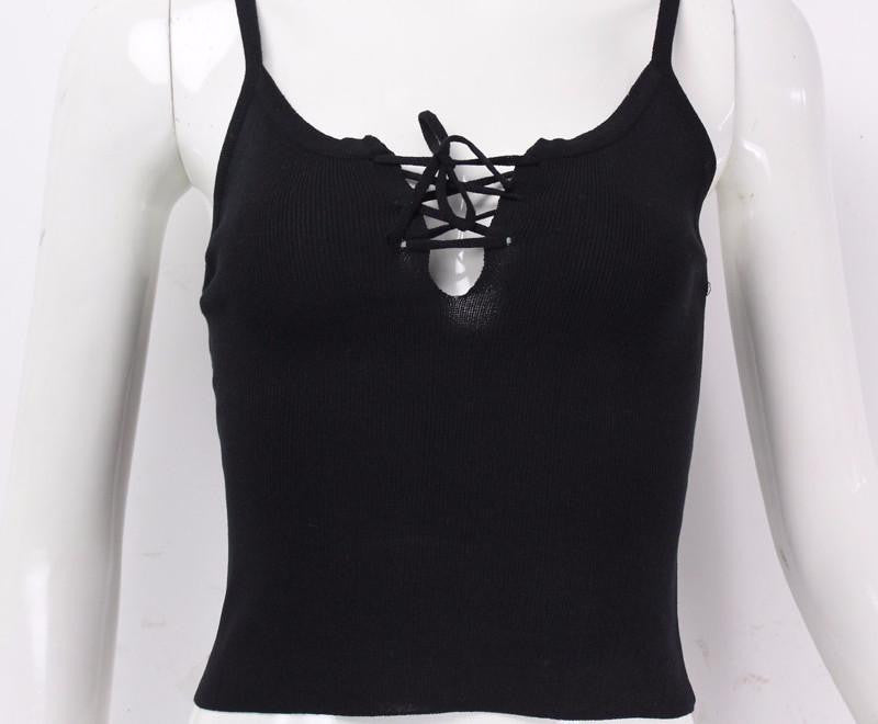 Women Front Cross Bandage Strappy Bustier Casual Crop Tank Top Brandy Melville Knitted