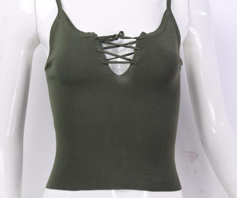 Women Front Cross Bandage Strappy Bustier Casual Crop Tank Top Brandy Melville Knitted