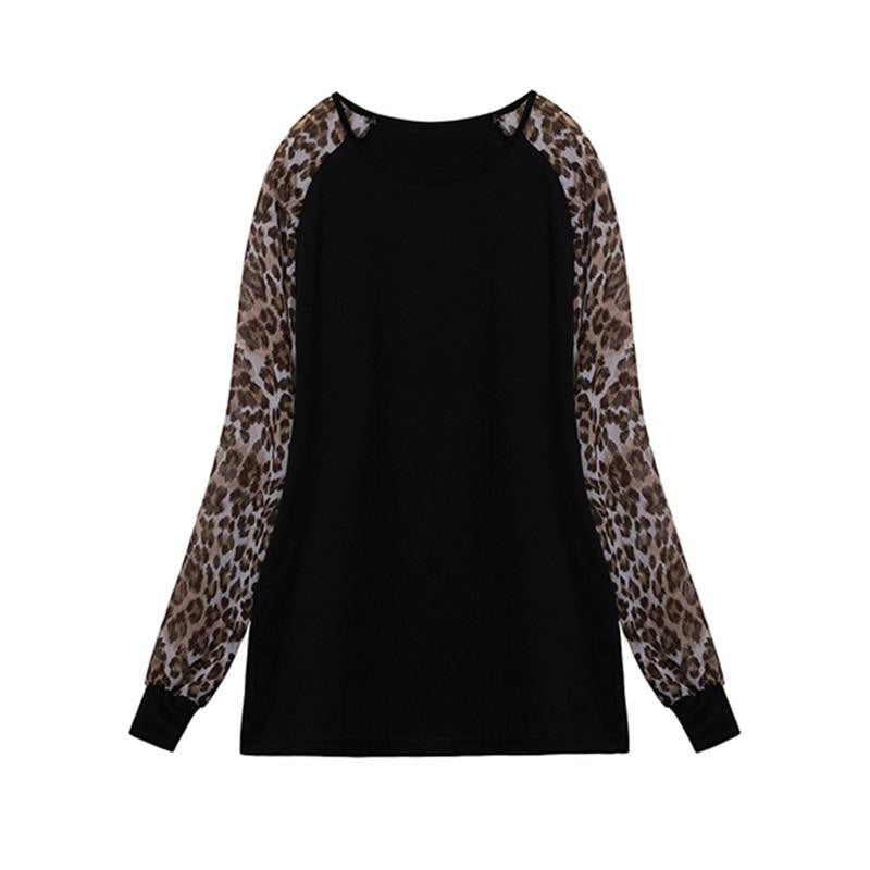 Women Ladies Long Sleeve Leopard Patchwork Loose Casual Tee Tops Casual Plus Size