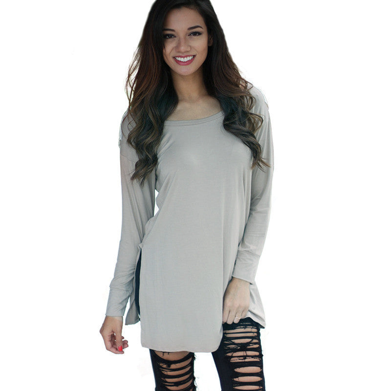 Online discount shop Australia - Long Sleeve Women Casual Gray Loose Tshirt Sexy Lace Crochet Back Tops  Tee Woman C