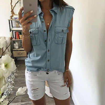 Online discount shop Australia - Denim Shirt Women Sleeveless Blouse Turn Down Collar Blouses For Women Blue Tops Womens Shirts Jeans