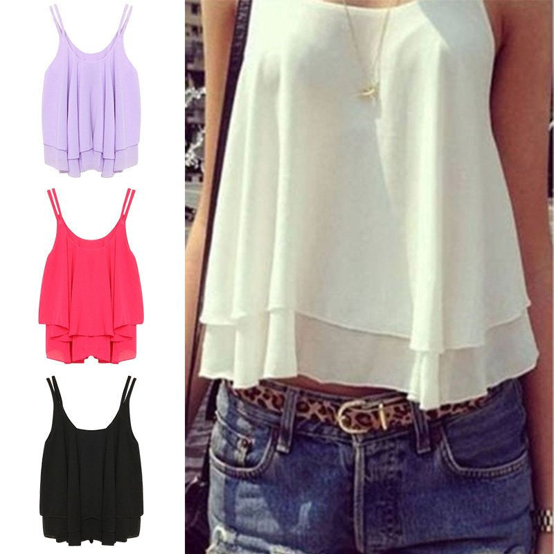 Women Tank Tops Casual Chiffon Double Layer Sleeveless Loose Solid Crop Top Plus Size S-4XL