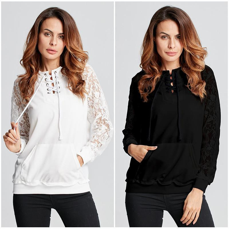 Casual Hoody Pullover Women Lace Long Sleeve Hoodies Solid Black Sweatshirts Ladies Leisure Tops