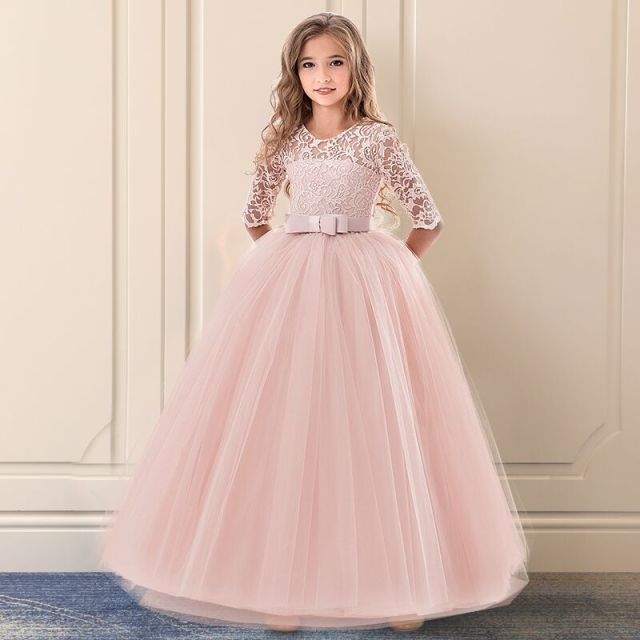 Dress Lace Flower Girls Wedding Party Children Clothing Elegant Long Gown