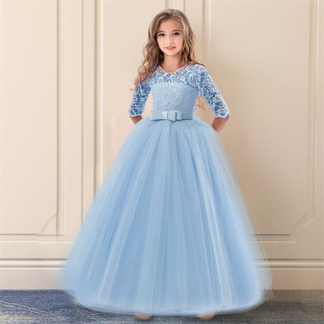 Dress Lace Flower Girls Wedding Party Children Clothing Elegant Long Gown