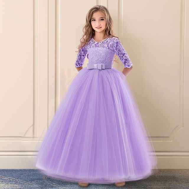 Dress Lace Flower Girls Wedding Party Children Clothing Elegant Long Gown