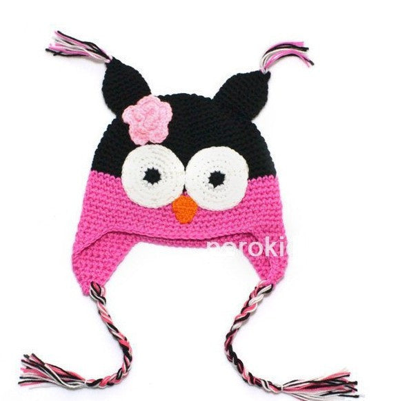 Cute National Style Cartoon Multicolor Infant Toddler Handmade Knitted Crochet Baby owl hat with ear flap Animal Cap A297