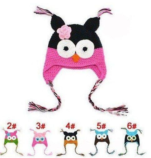 Cute National Style Cartoon Multicolor Infant Toddler Handmade Knitted Crochet Baby owl hat with ear flap Animal Cap A297