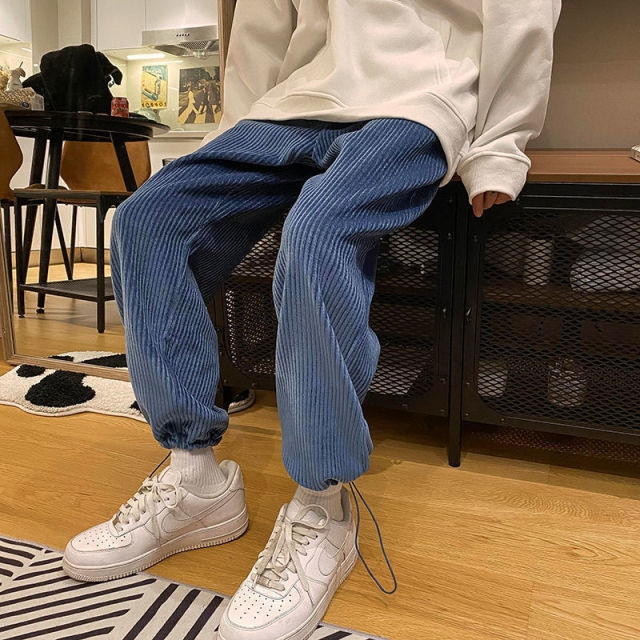 Tie Leg Straight Pants Woman Corduroy Solid Color Oversize Trousers Man Warm Korean Streetwear Pants