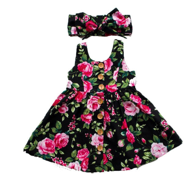 Princess Dress Girls Dress Floral Sleeveless Button Dresses Outfits Baby Girl Clothes