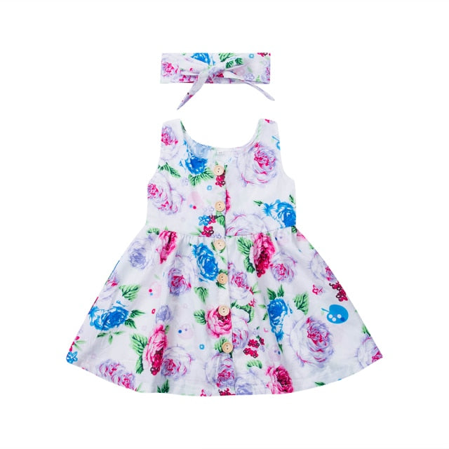 Princess Dress Girls Dress Floral Sleeveless Button Dresses Outfits Baby Girl Clothes