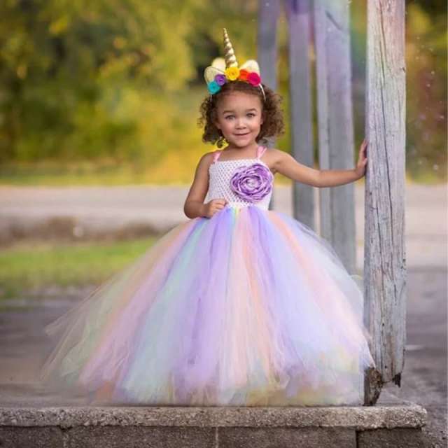 Girls Pastel Unicorn Flower Tutu Dress Kids Crochet Tulle Strap Dress Ball Gown with Daisy Ribbons Children Party Costume Dress