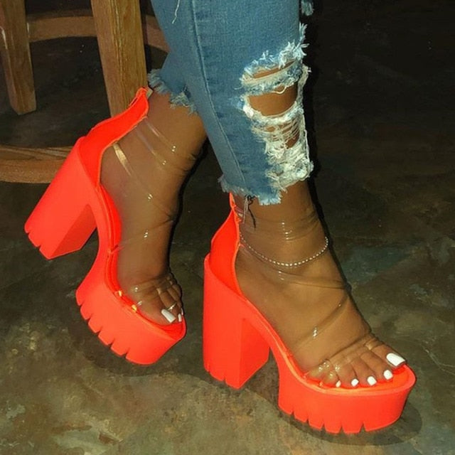 Night Club Party Platform Chunky Heel Sandals Summer Plus Size Shoes Transparent Gladiator Heel Sandals Shoes Women-Dollar Bargains Online Shopping Australia