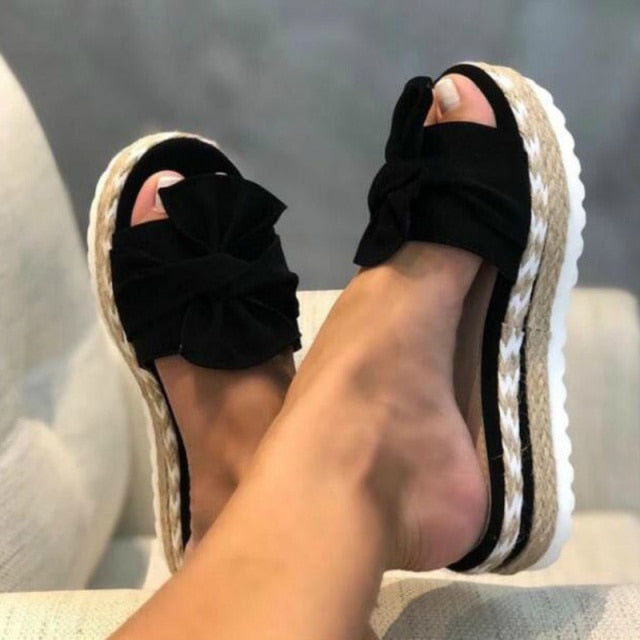 Women Slippers Platform Wedges Mid Heels Bow Tie Peep Toe Fashion Slides Beach Outdoor Ladies Shoes-Dollar Bargains Online Shopping Australia