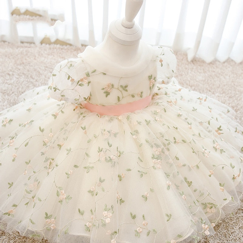 Infant Bow 1st birthday Baby Dress Costumes Flower Embroidery Princess Party Wedding Dress For Baby White First Communion Dress