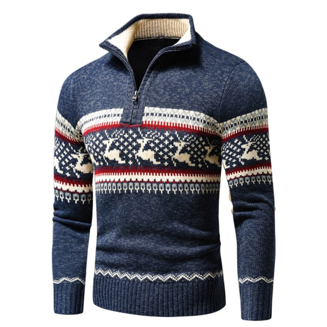 Jacquard Half Zip Polo Sweater Cardigan Jacket Men Winter Long Sleeve Mock Neck Sweater Pullover Men