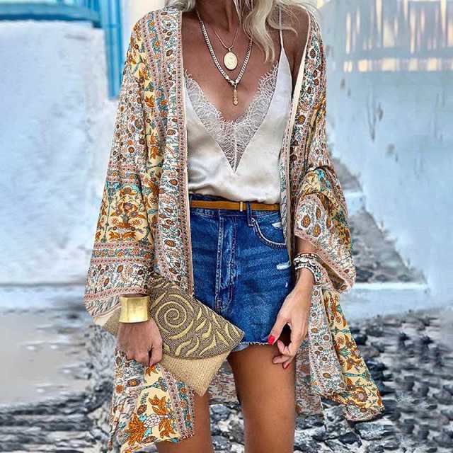 Women Cardigan Summer Open Front Bohemian Floral Printed Blouse Kimono Casual Loose Beach Tops Vintage Long Sleeve-Dollar Bargains Online Shopping Australia