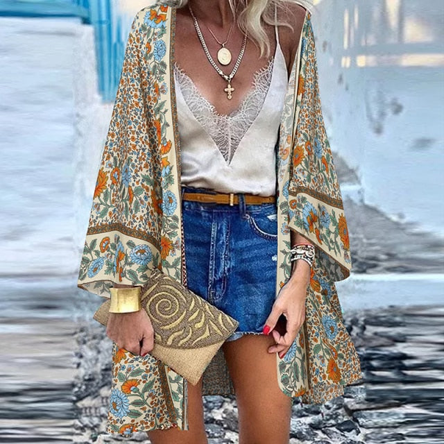 Women Cardigan Summer Open Front Bohemian Floral Printed Blouse Kimono Casual Loose Beach Tops Vintage Long Sleeve-Dollar Bargains Online Shopping Australia