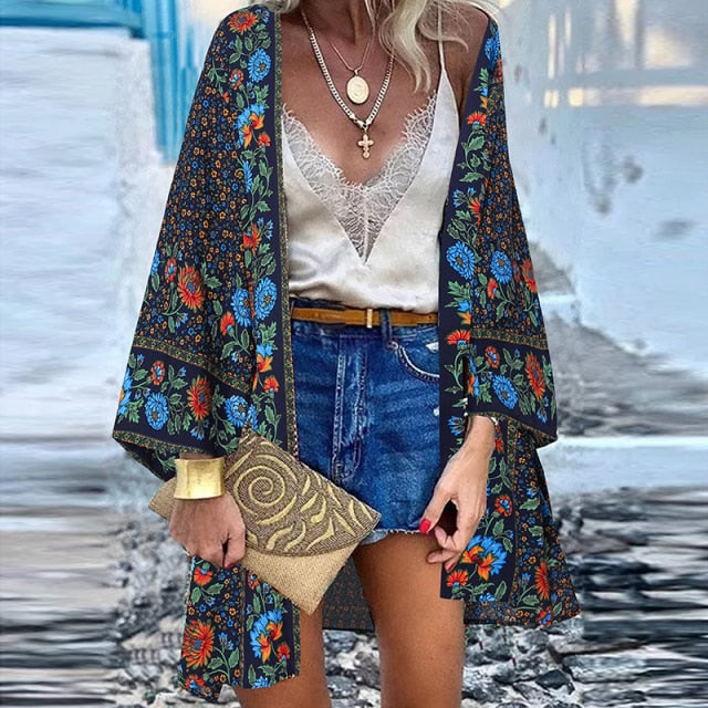 Women Cardigan Summer Open Front Bohemian Floral Printed Blouse Kimono Casual Loose Beach Tops Vintage Long Sleeve-Dollar Bargains Online Shopping Australia