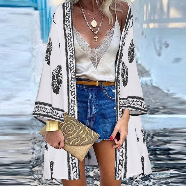 Women Cardigan Summer Open Front Bohemian Floral Printed Blouse Kimono Casual Loose Beach Tops Vintage Long Sleeve-Dollar Bargains Online Shopping Australia