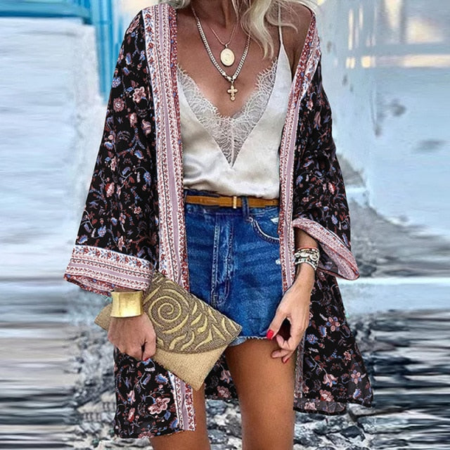 Women Cardigan Summer Open Front Bohemian Floral Printed Blouse Kimono Casual Loose Beach Tops Vintage Long Sleeve-Dollar Bargains Online Shopping Australia