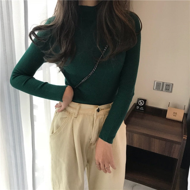 Women Pullovers Sweater Autumn Winter Turtleneck Knitted Sweater Women Tops Long Sleeve Short Slim Sweater Girls-Dollar Bargains Online Shopping Australia