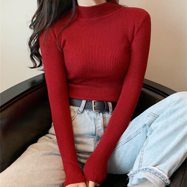 Women Pullovers Sweater Autumn Winter Turtleneck Knitted Sweater Women Tops Long Sleeve Short Slim Sweater Girls-Dollar Bargains Online Shopping Australia