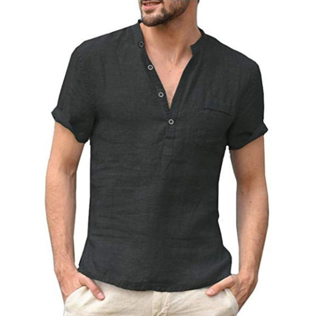 Short-Sleeved T-shirt Cotton and Linen Led Casual Shirt Male Breathable