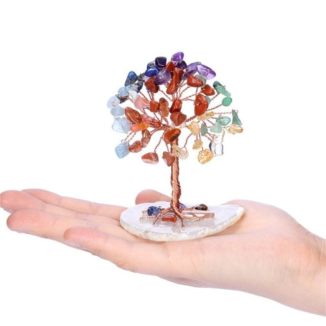 Sunligoo Super Mini Crystals Money Tree Copper Wire Wrapped W/ Agate Slice Base Chakra Gemstone Feng Shui Trees for Home Decor