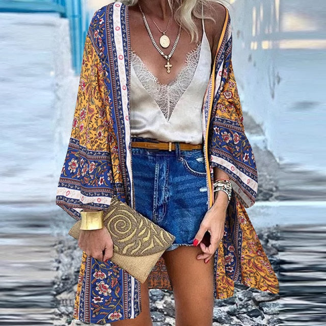 Women Cardigan Summer Open Front Bohemian Floral Printed Blouse Kimono Casual Loose Beach Tops Vintage Long Sleeve-Dollar Bargains Online Shopping Australia