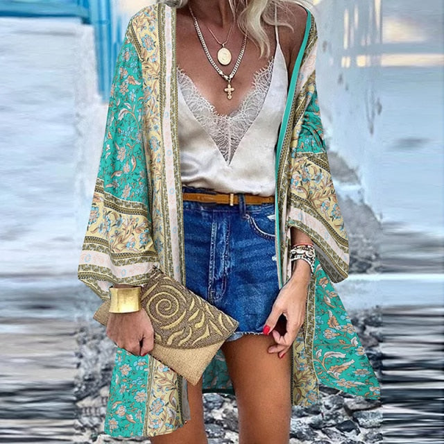 Women Cardigan Summer Open Front Bohemian Floral Printed Blouse Kimono Casual Loose Beach Tops Vintage Long Sleeve-Dollar Bargains Online Shopping Australia