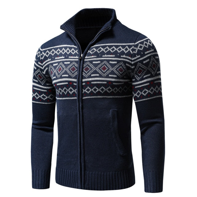 Jacquard Half Zip Polo Sweater Cardigan Jacket Men Winter Long Sleeve Mock Neck Sweater Pullover Men