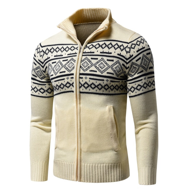 Jacquard Half Zip Polo Sweater Cardigan Jacket Men Winter Long Sleeve Mock Neck Sweater Pullover Men