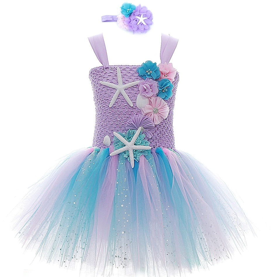 Lavender Flower Children Kids Girls Birthday Party Dresses Sparkly Tulle Sea Star Flower Toddler Baby Girls Clothes for Kids