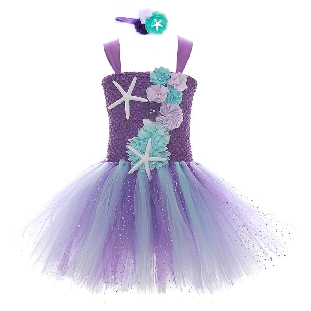 Lavender Flower Children Kids Girls Birthday Party Dresses Sparkly Tulle Sea Star Flower Toddler Baby Girls Clothes for Kids