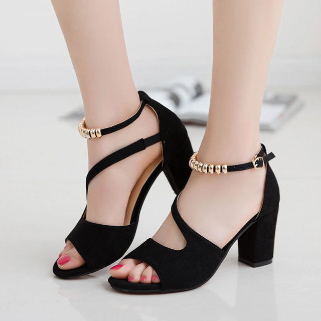 Fish mouth hollow Roman sandals thick with word with beaded high heels female summer Sexy female sandals-Dollar Bargains Online Shopping Australia