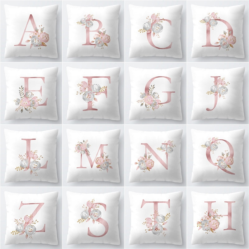 Pink Letter Decorative Floral Pillow Gold Alphabet Cushion for Sofa Polyester Pillowcase Decoration Salon-Dollar Bargains Online Shopping Australia