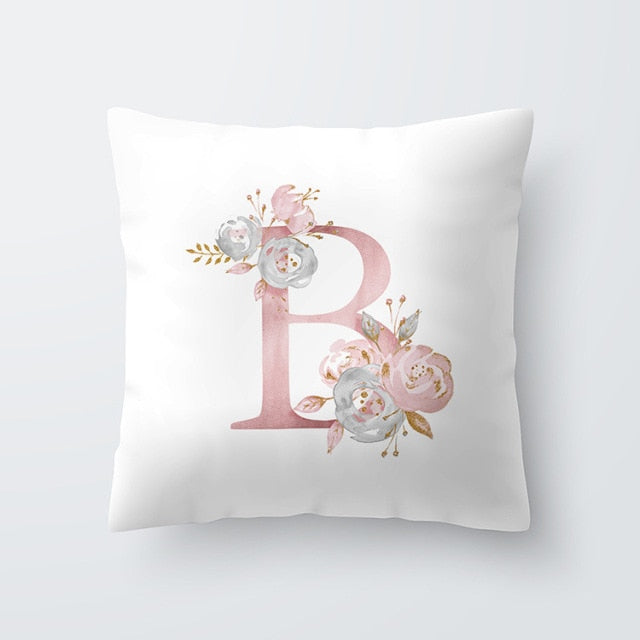 Pink Letter Decorative Floral Pillow Gold Alphabet Cushion for Sofa Polyester Pillowcase Decoration Salon-Dollar Bargains Online Shopping Australia