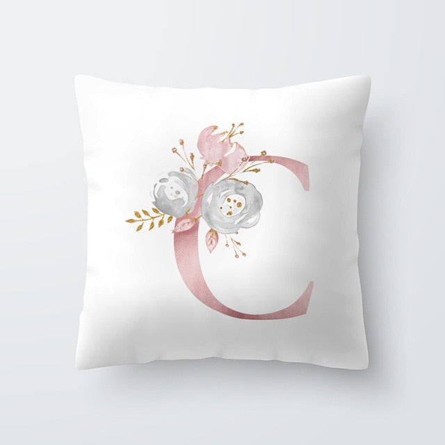 Pink Letter Decorative Floral Pillow Gold Alphabet Cushion for Sofa Polyester Pillowcase Decoration Salon-Dollar Bargains Online Shopping Australia