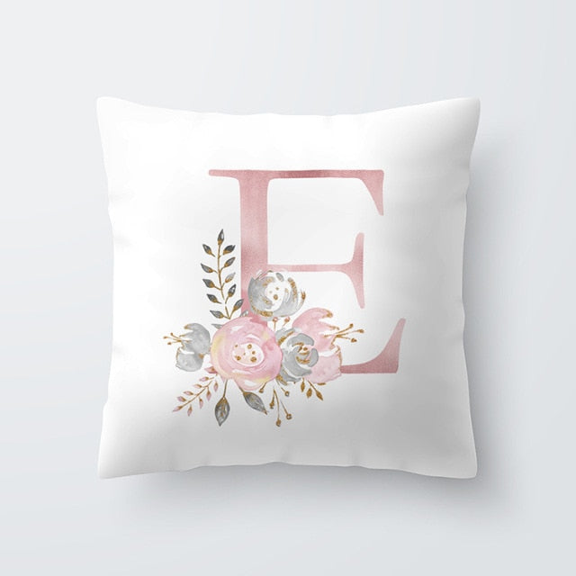 Pink Letter Decorative Floral Pillow Gold Alphabet Cushion for Sofa Polyester Pillowcase Decoration Salon-Dollar Bargains Online Shopping Australia