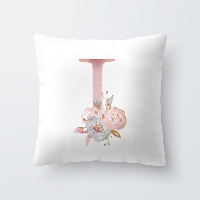 Pink Letter Decorative Floral Pillow Gold Alphabet Cushion for Sofa Polyester Pillowcase Decoration Salon-Dollar Bargains Online Shopping Australia